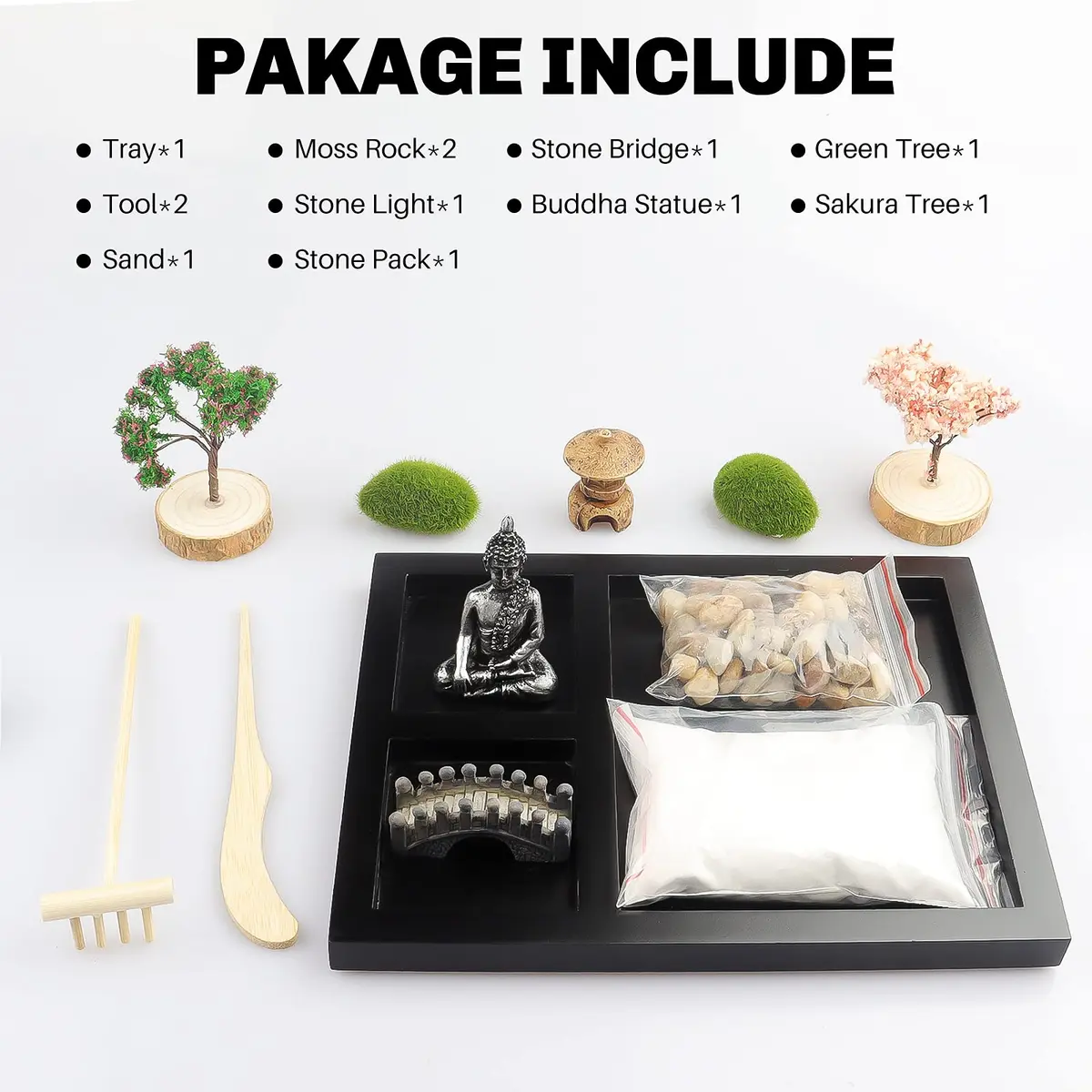 Melonva Sakura Budah Mini Zen Garden 9" x 7" | Desktop Meditation Decor with White Sand & Bonsai - view 7