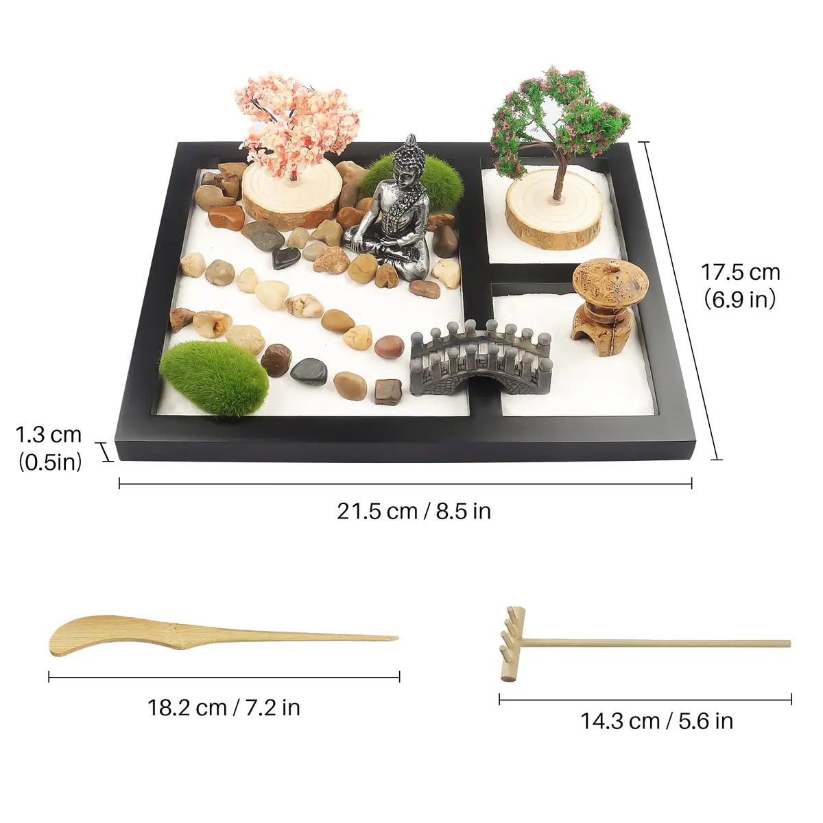 Melonva Sakura Budah Mini Zen Garden 9" x 7" | Desktop Meditation Decor with White Sand & Bonsai - view 2