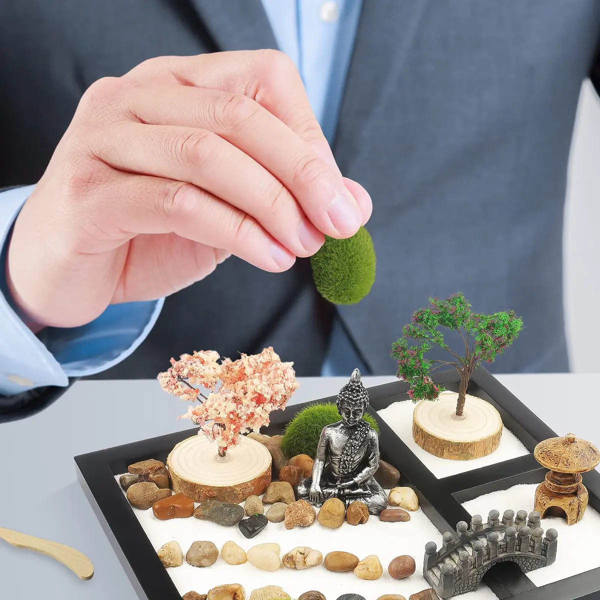 Melonva Sakura Budah Mini Zen Garden 9" x 7" | Desktop Meditation Decor with White Sand & Bonsai - view 3