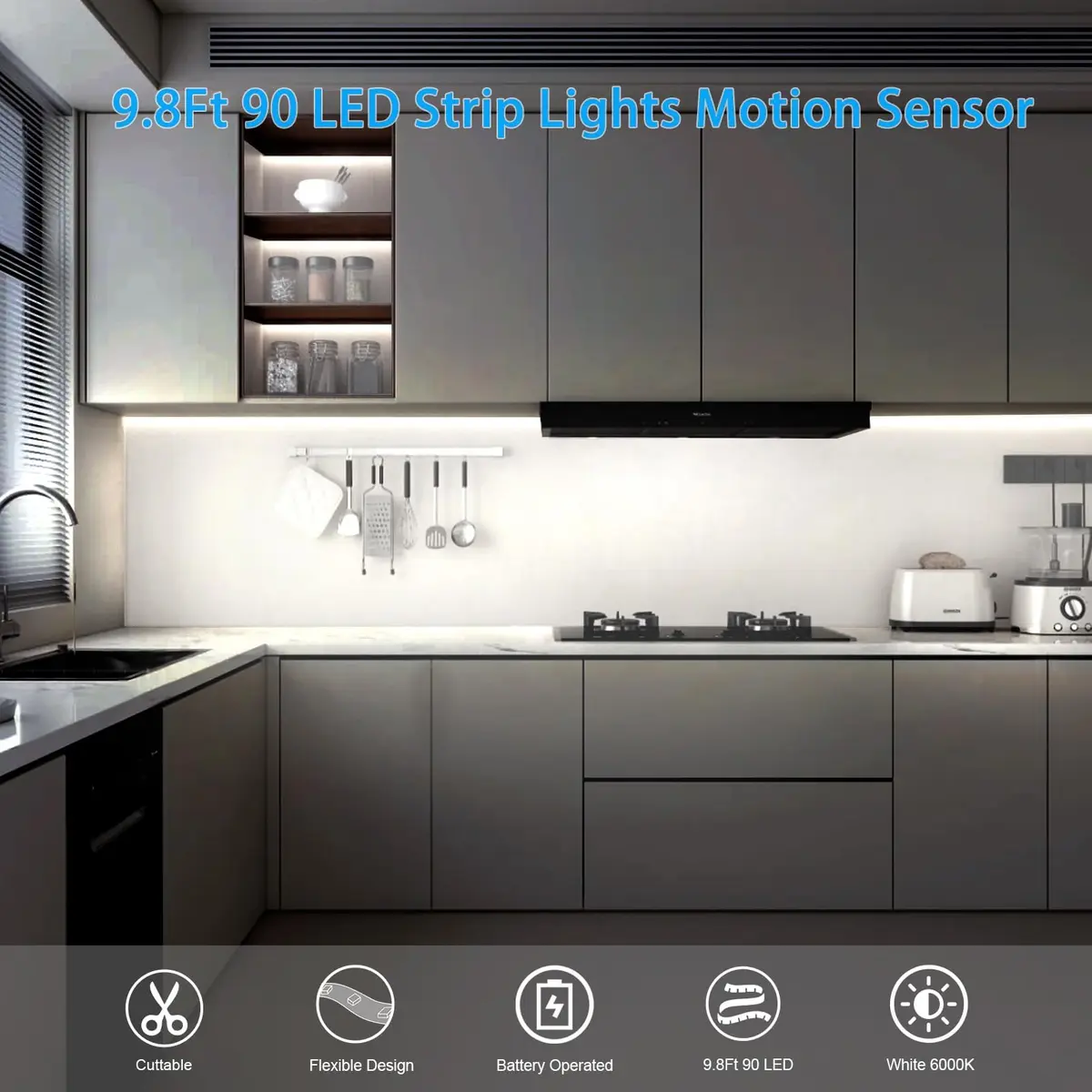 echosari STRING_LIGHT 9.8Ft 90 LED Motion Sensor Closet Strip Lights | Battery Operated for Stairs - view 4