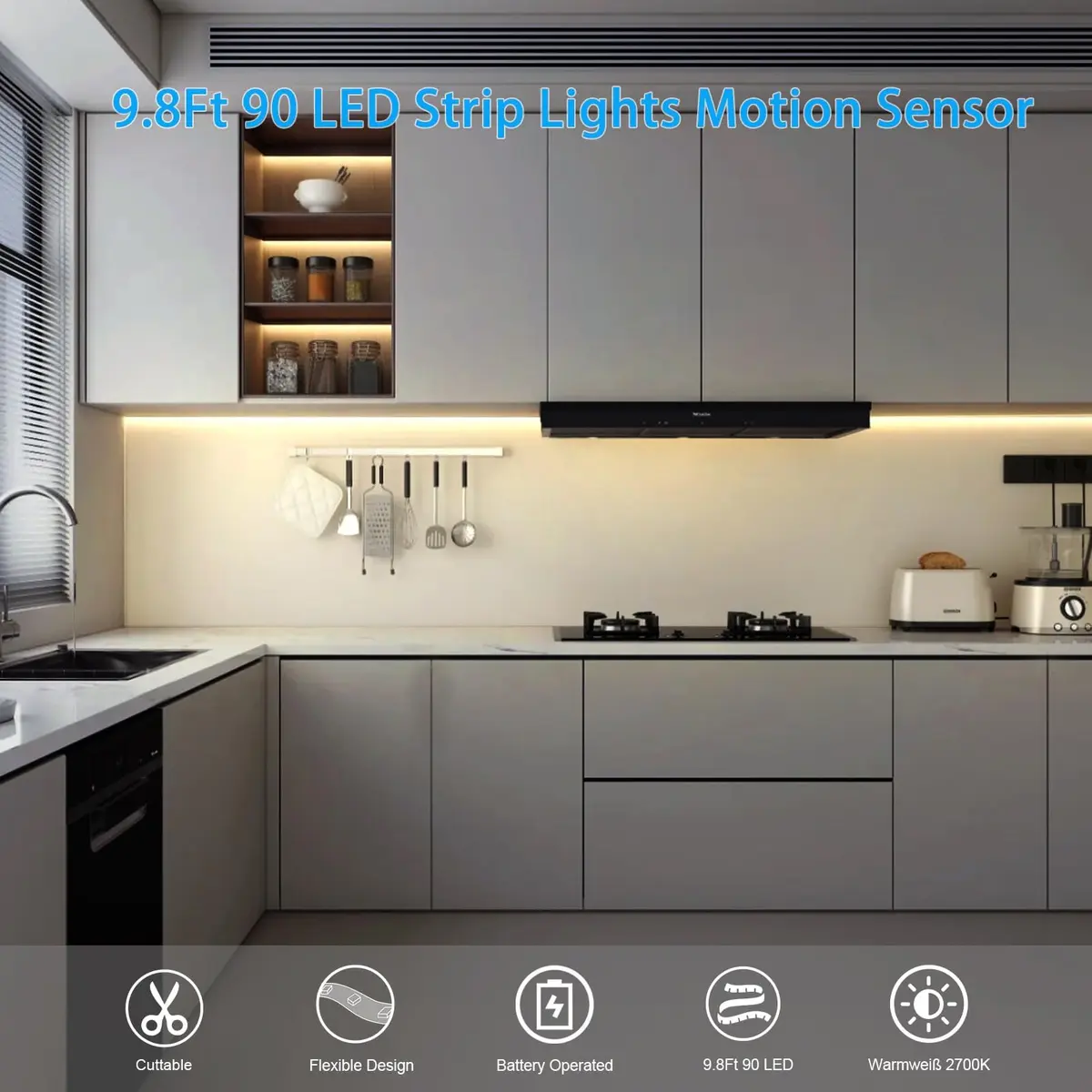 echosari STRING_LIGHT 9.8Ft 90 LED Motion Sensor Under-Cabinet Light | Battery Operated, Easy Install, 5H Brightness - view 6