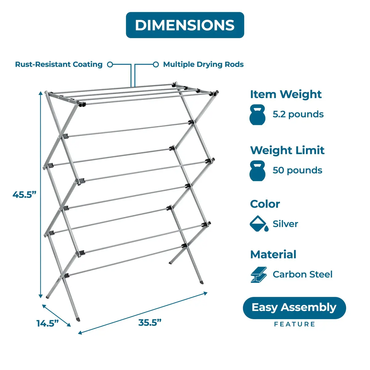 Honey-Can-Do Oversized Collapsible Clothes Drying Rack, 35" | Heavy-Duty Steel Support, Flat Storage, Indoor/Outdoor Use - view 6