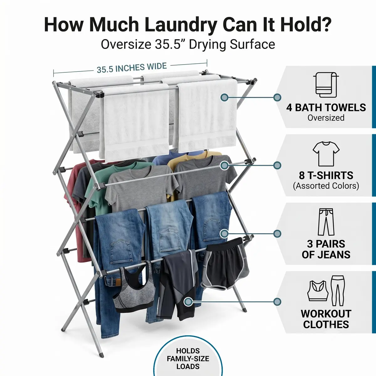 Honey-Can-Do Oversized Collapsible Clothes Drying Rack, 35" | Heavy-Duty Steel Support, Flat Storage, Indoor/Outdoor Use - view 2