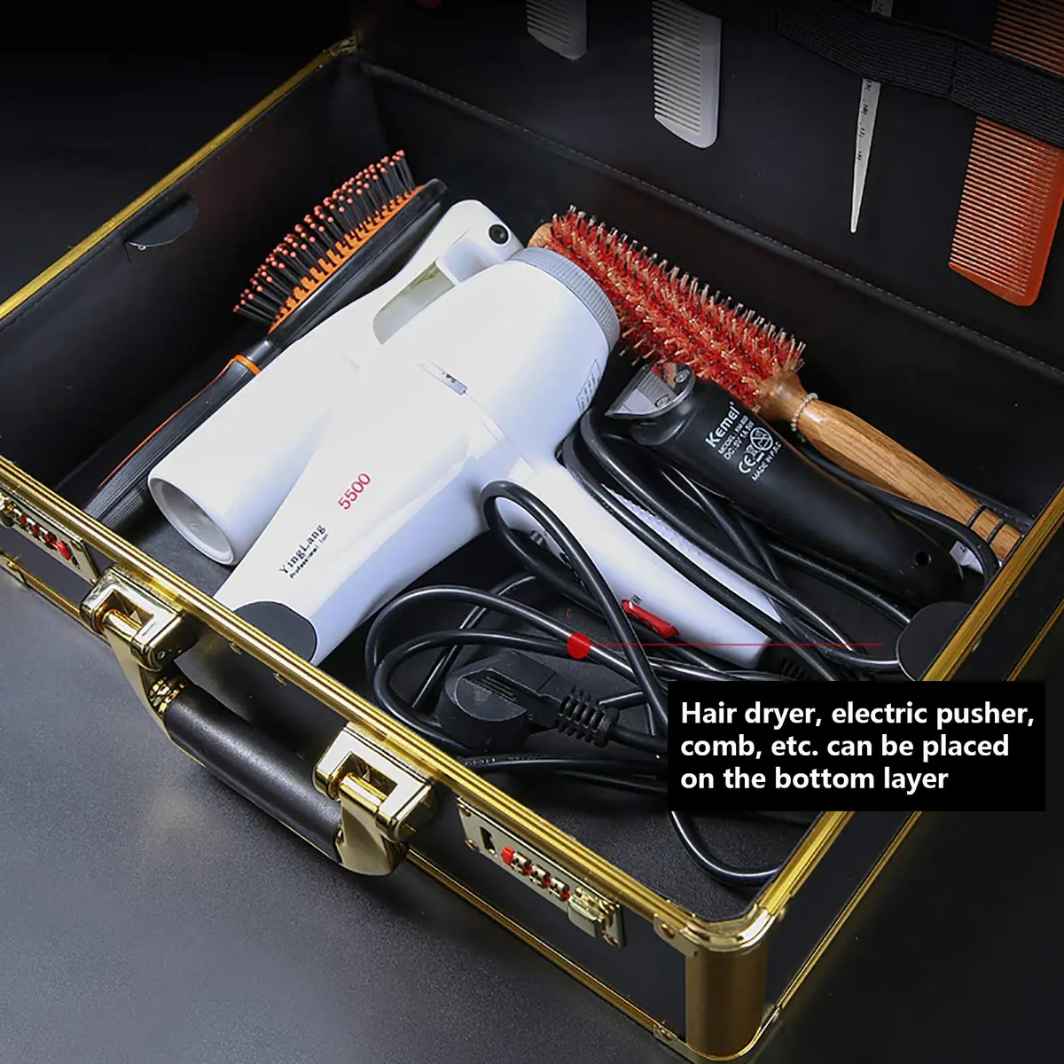 CNCEST Barber Carrying Case Large Aluminum Salon Tool Kit Storage, Portable Travel Hairdresser Organizer (Gold) - view 5