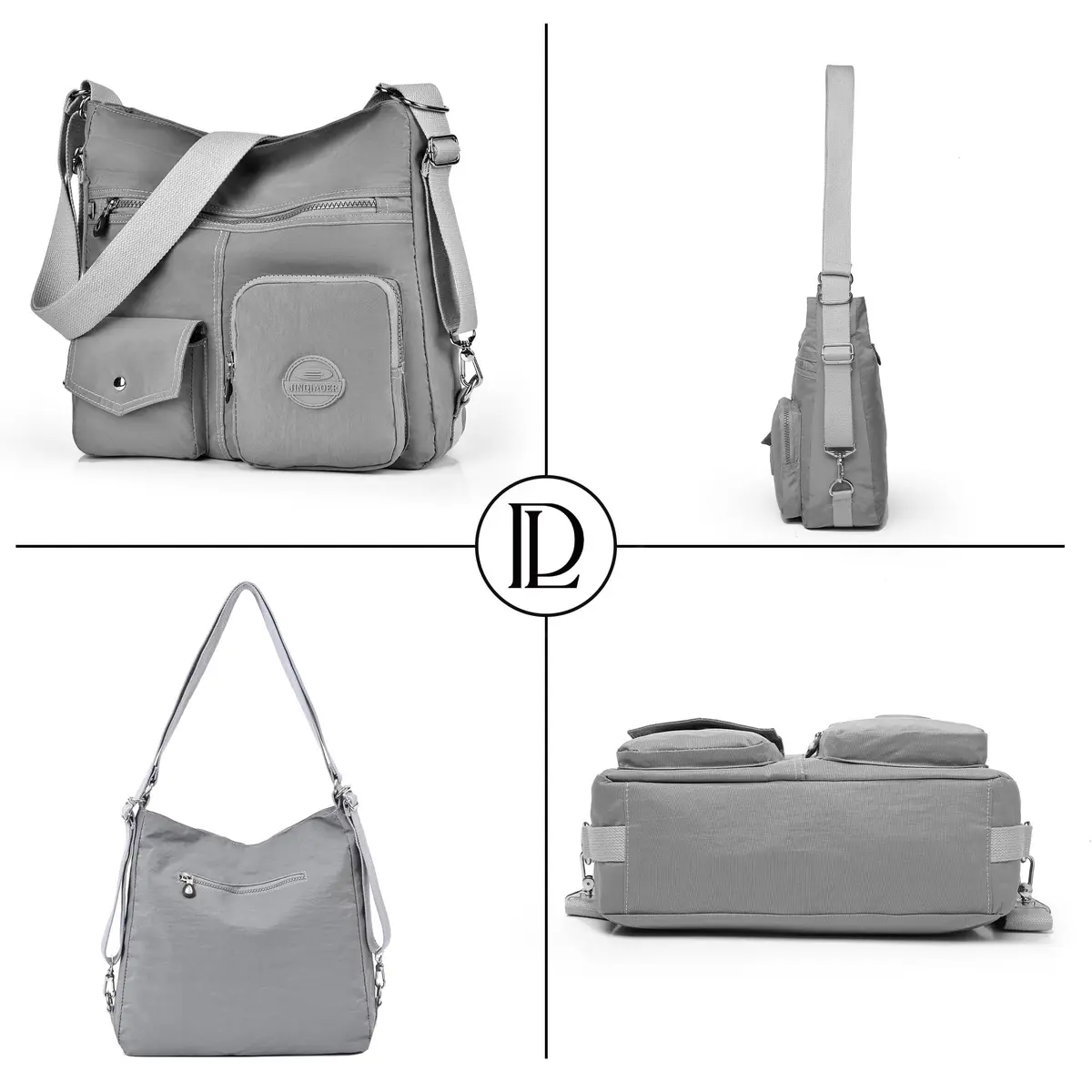 Dora & Liz Hobo Purse for Women, Nylon Crossbody Shoulder Handbag Convertible Backpack, Grey (33.6cm x 9.7cm x 26.5cm) - view 7