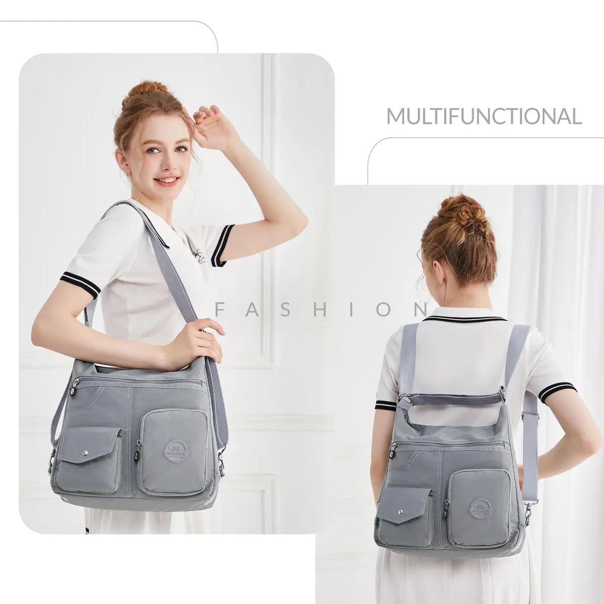 Dora & Liz Hobo Purse for Women, Nylon Crossbody Shoulder Handbag Convertible Backpack, Grey (33.6cm x 9.7cm x 26.5cm) - view 2