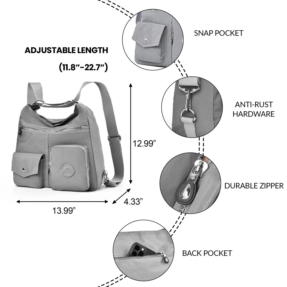 Dora & Liz Hobo Purse for Women, Nylon Crossbody Shoulder Handbag Convertible Backpack, Grey (33.6cm x 9.7cm x 26.5cm) - view 4