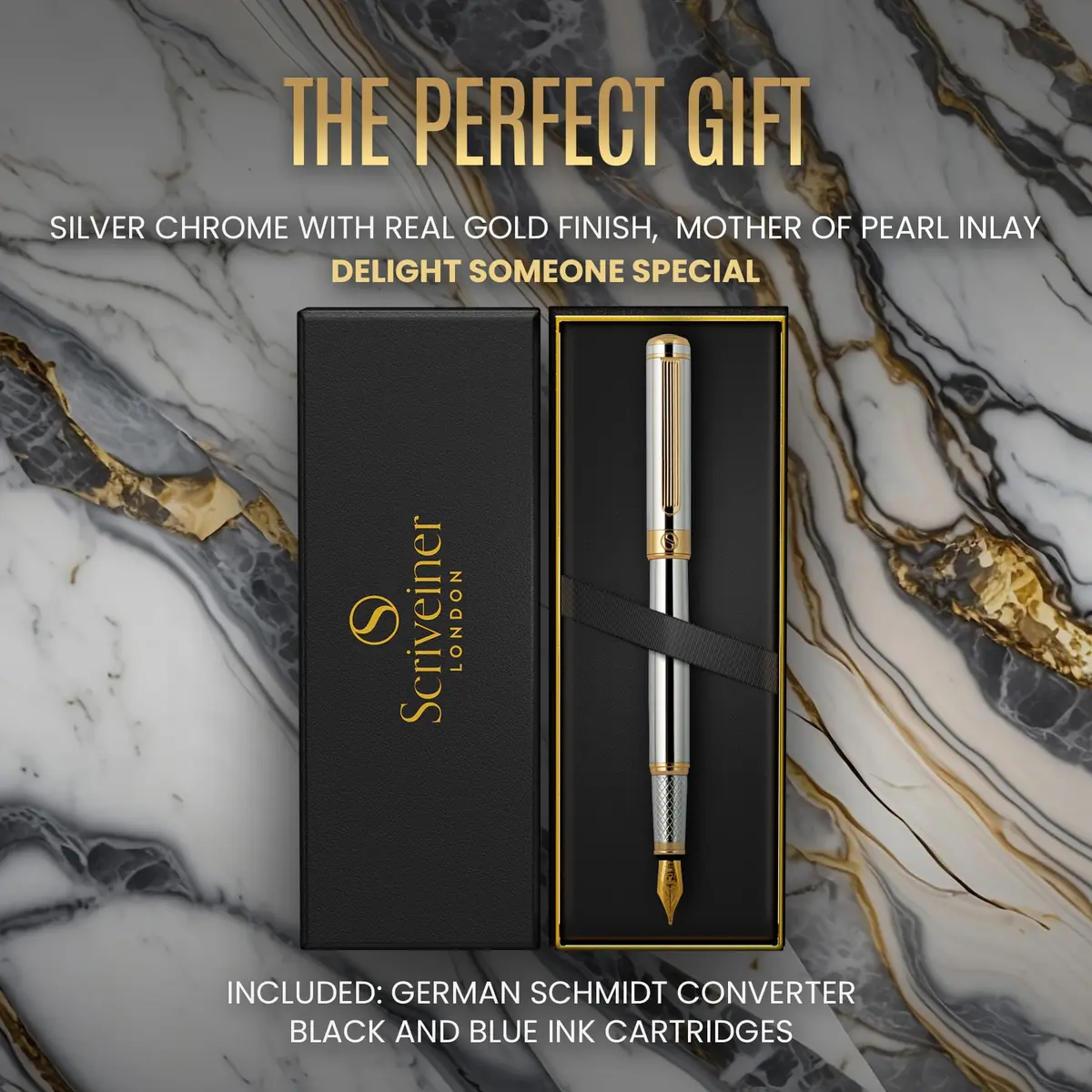 Scriveiner Silver Chrome Fountain Pen with Schmidt Nib | 140mm (5.5in) Length - view 3
