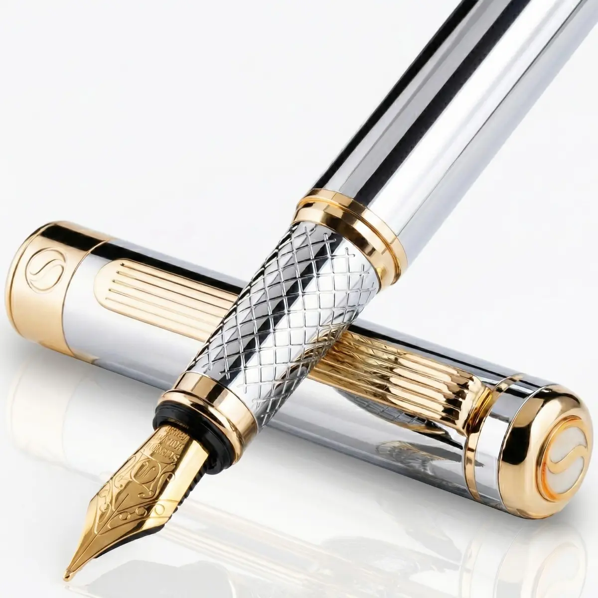 Scriveiner Fountain Pen Silver Chrome Gold Finish Broad Nib | Luxury Executive Office Pen - main product image
