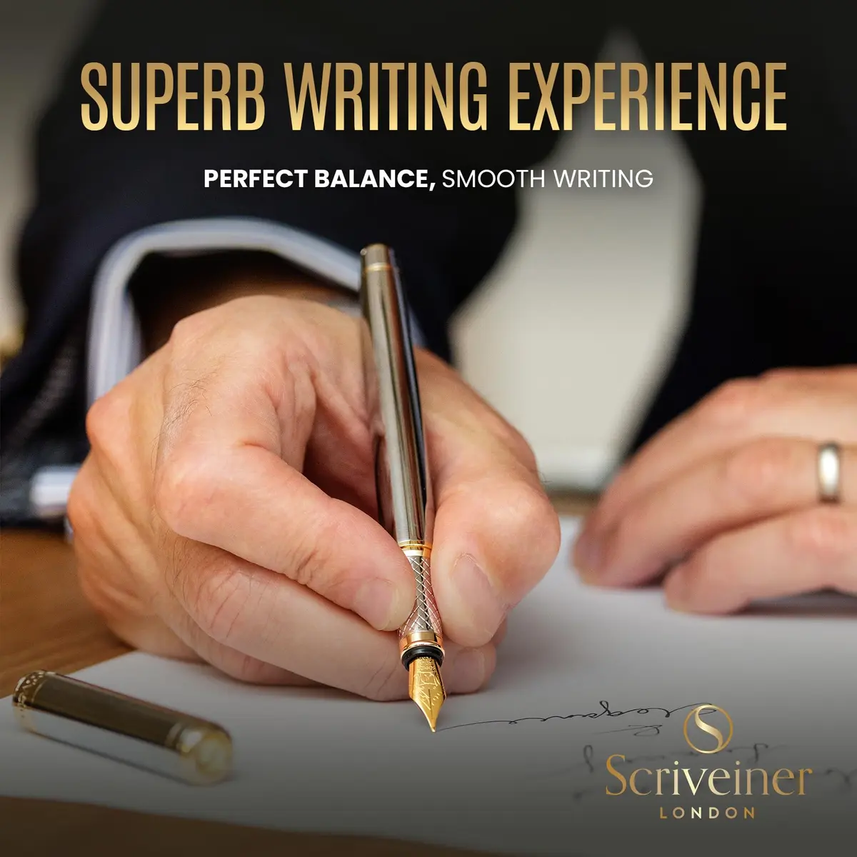 Scriveiner Fountain Pen Silver Chrome Gold Finish Broad Nib | Luxury Executive Office Pen - view 4