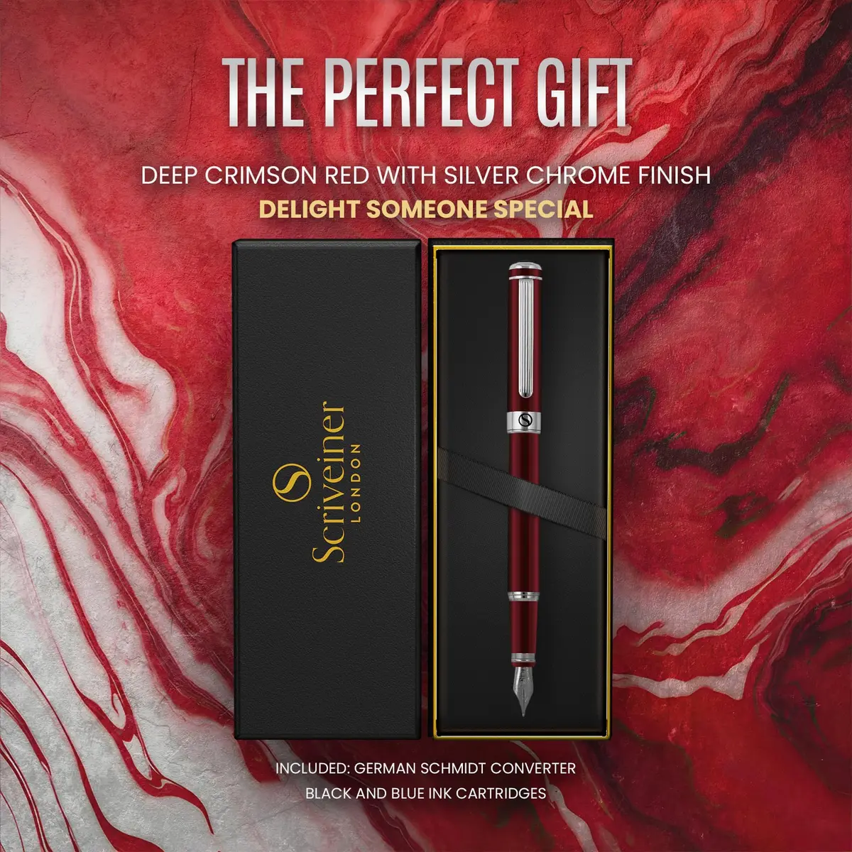 Scriveiner Deep Crimson Red Fountain Pen with Chrome Finish, Schmidt Nib (Medium) | Luxury Writing Instrument - view 8