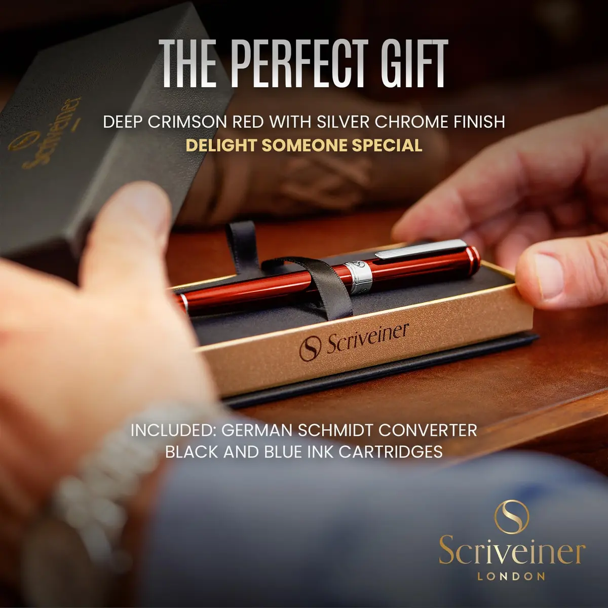 Scriveiner Deep Crimson Red Fountain Pen with Chrome Finish, Schmidt Nib (Medium) | Luxury Writing Instrument - view 3