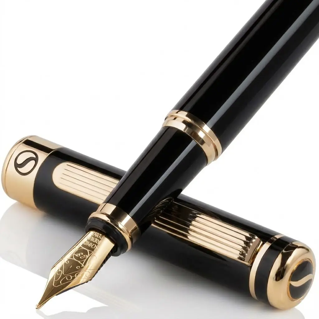 Scriveiner Fountain Pen - Black Lacquer, Gold Finish, Extra Fine Schmidt Nib, Converter, Gift Set (1 Count, UK Design) - main product image