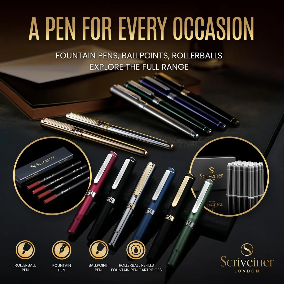Scriveiner Fountain Pen - Black Lacquer, Gold Finish, Extra Fine Schmidt Nib, Converter, Gift Set (1 Count, UK Design) - view 6