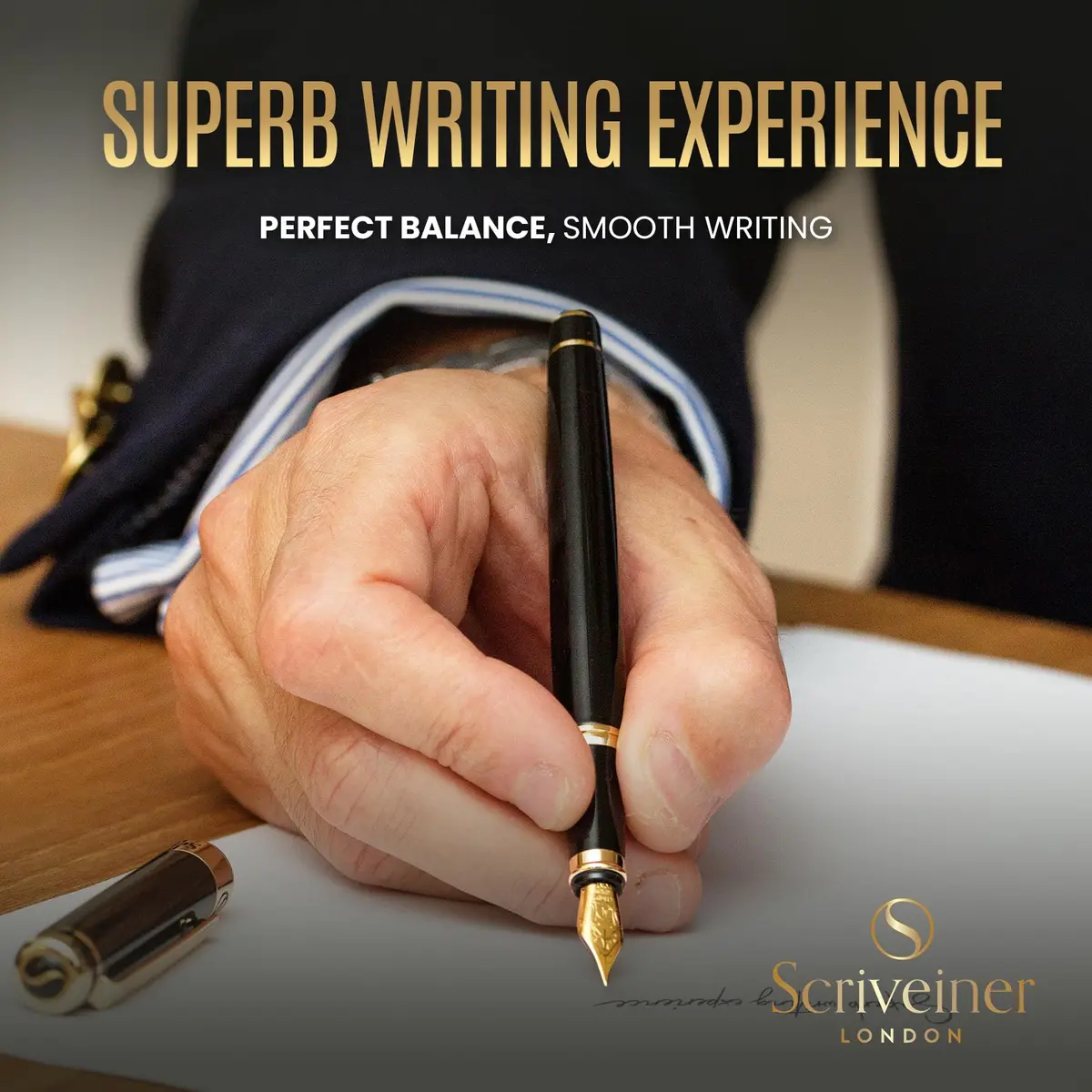 Scriveiner Fountain Pen - Black Lacquer, Gold Finish, Extra Fine Schmidt Nib, Converter, Gift Set (1 Count, UK Design) - view 4