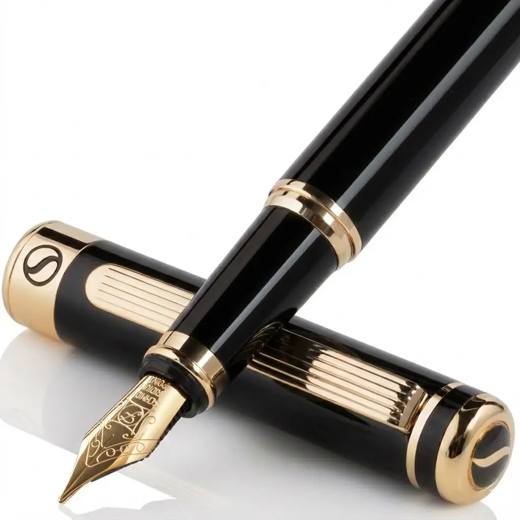 Scriveiner Luxury Fountain Pen - Black Lacquer, Gold Finish, Schmidt Gilded Nib, Converter, Gift Set (0.5mm Fine) | Elegant British Design - main product image