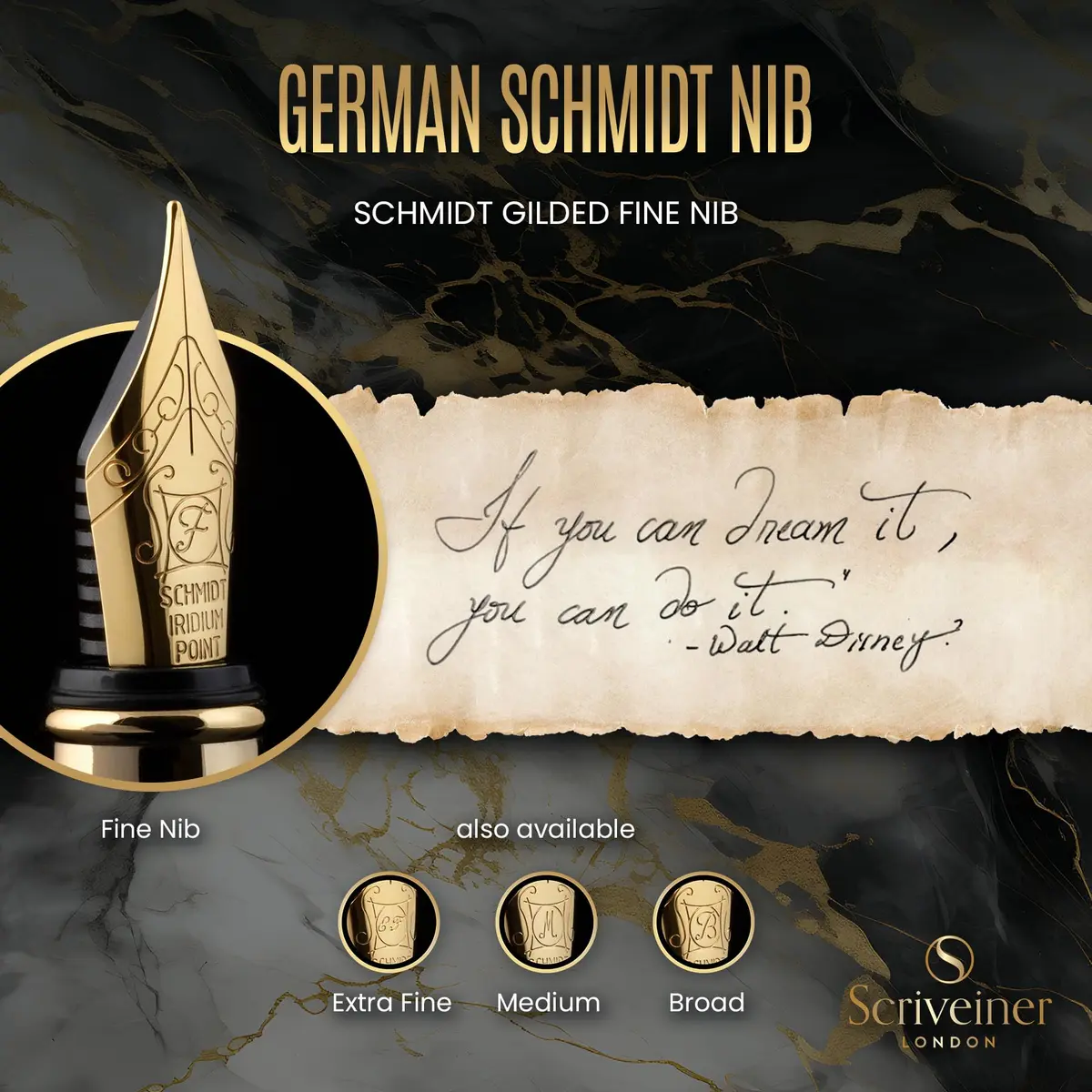 Scriveiner Luxury Fountain Pen - Black Lacquer, Gold Finish, Schmidt Gilded Nib, Converter, Gift Set (0.5mm Fine) | Elegant British Design - view 5