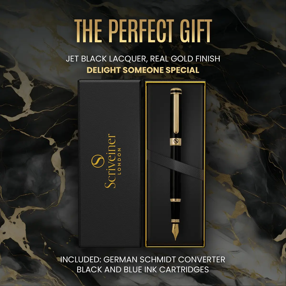 Scriveiner Luxury Fountain Pen - Black Lacquer, Gold Finish, Schmidt Gilded Nib, Converter, Gift Set (0.5mm Fine) | Elegant British Design - view 8