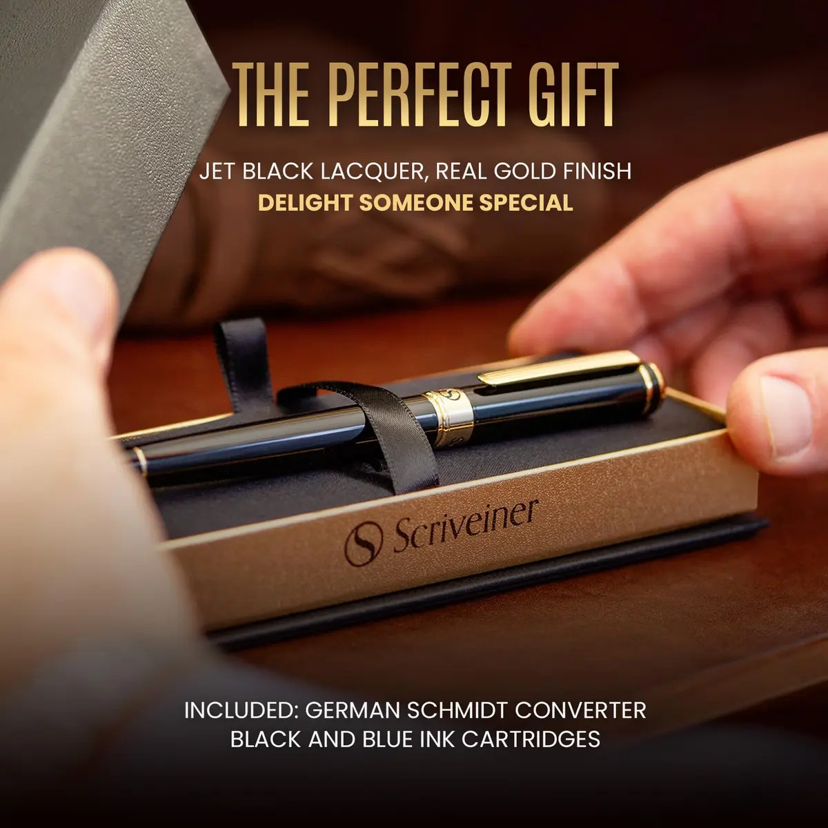 Scriveiner Luxury Fountain Pen - Black Lacquer, Gold Finish, Schmidt Gilded Nib, Converter, Gift Set (0.5mm Fine) | Elegant British Design - view 3