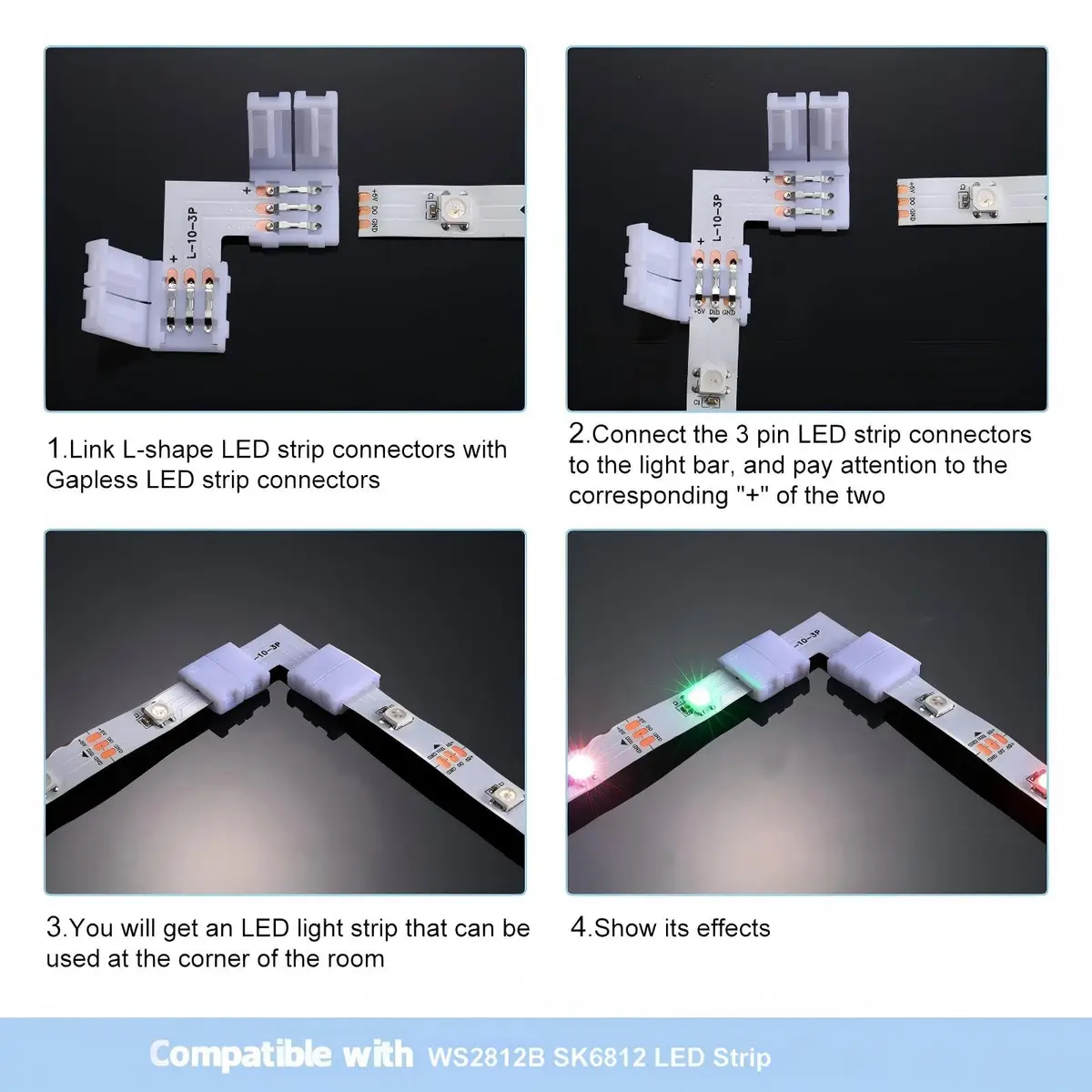 Honoson 48 Pcs 3 Pin Connectors Compatible with Ws2811 Ws2812b Sk6812 | No Soldering LED Strip Connectors, 10mm Interface - view 4