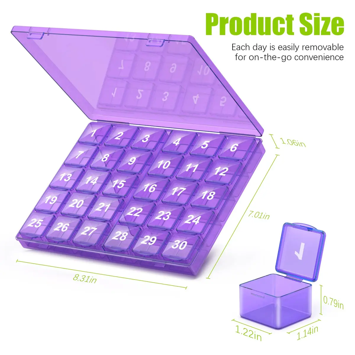 DOHIMGIO 30-Day Monthly Pill Organizer Box, Purple | Easy Open Large Compartments Portable Case for Travel - view 7