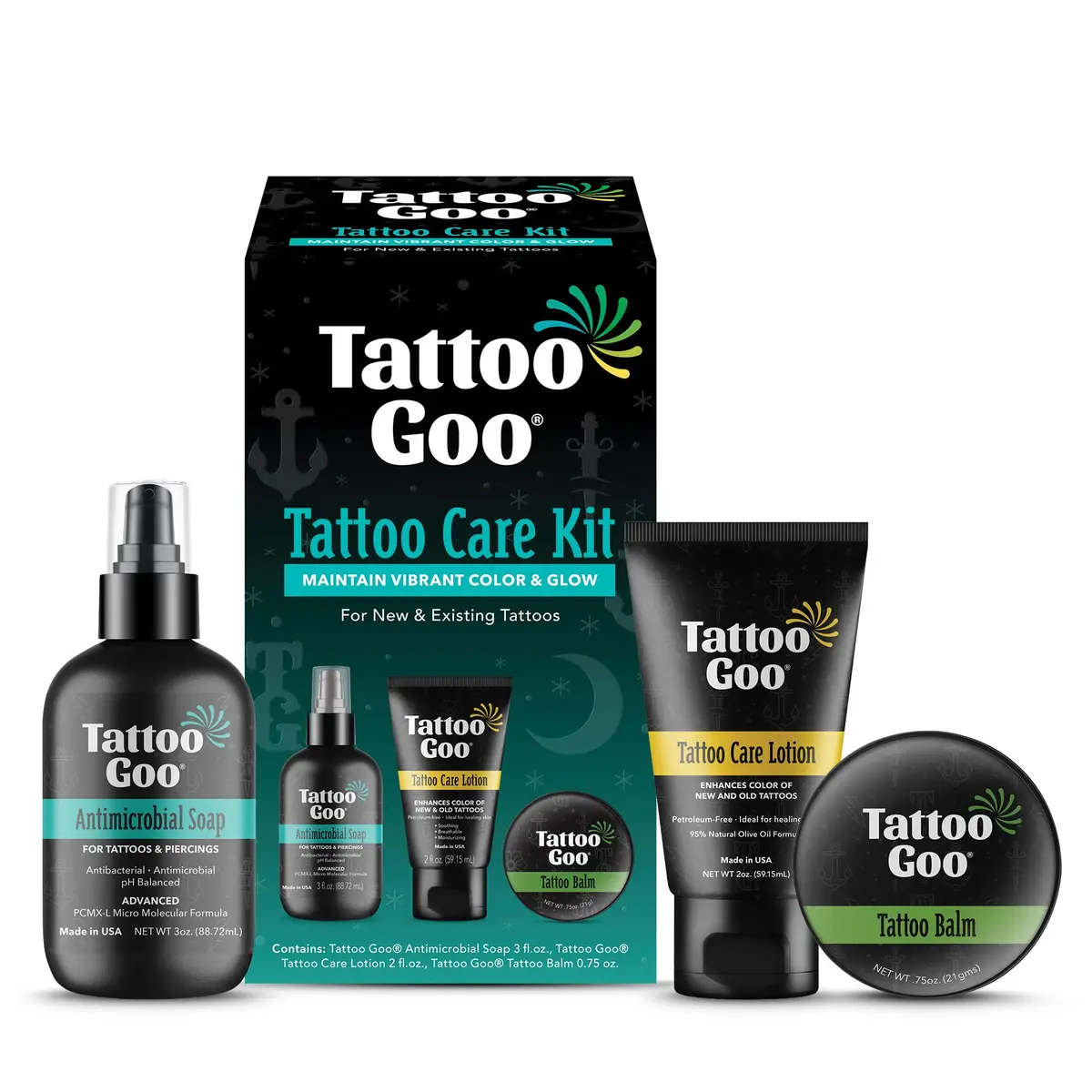 Tattoo Goo Tattoo Aftercare Kit, 3 Piece Set, Includes Antimicrobial Soap, Tattoo Balm & Healing Lotion, Complete Kit for Fresh Ink, Vibrant Colors & Glow - main product image