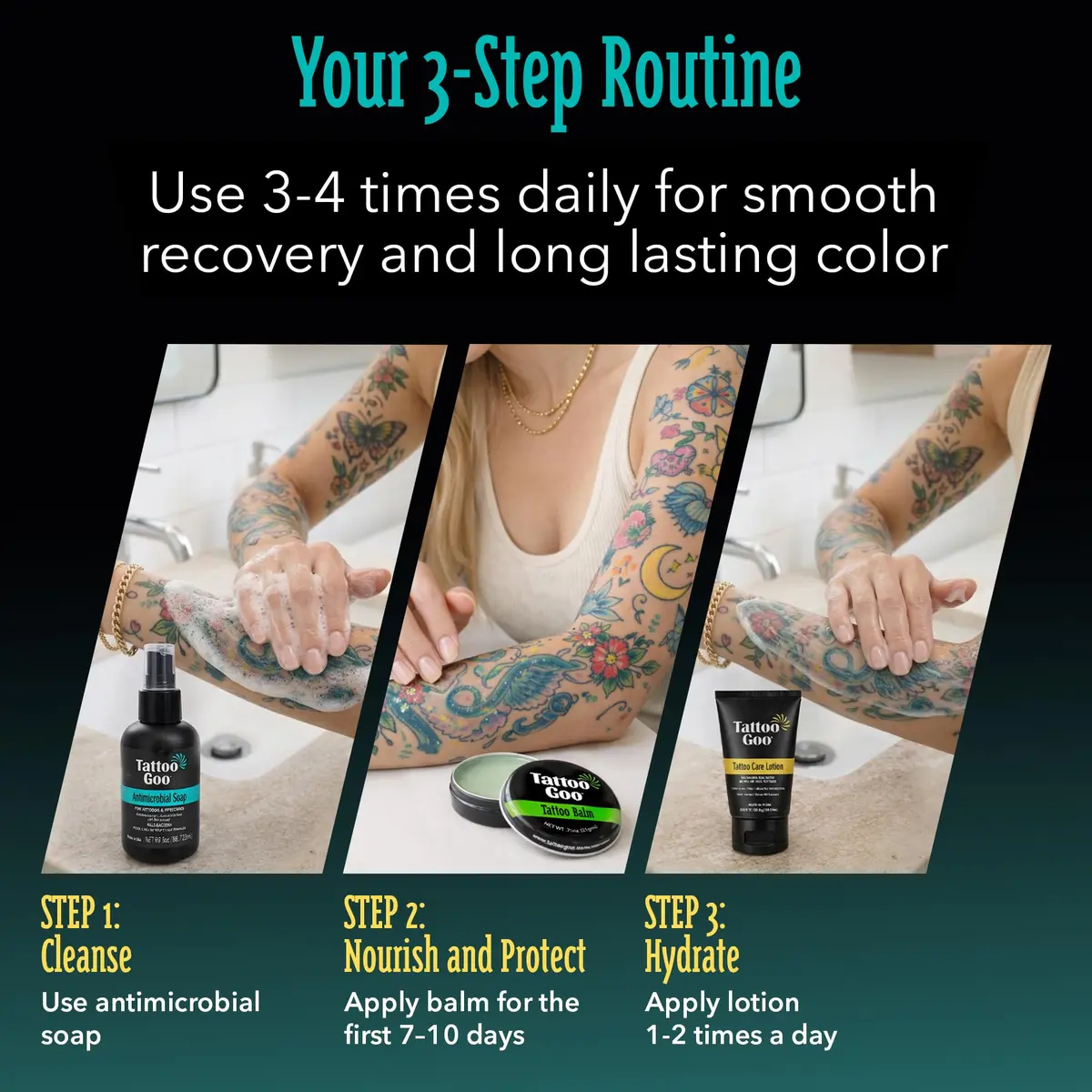 Tattoo Goo Tattoo Aftercare Kit, 3 Piece Set, Includes Antimicrobial Soap, Tattoo Balm & Healing Lotion, Complete Kit for Fresh Ink, Vibrant Colors & Glow - view 7