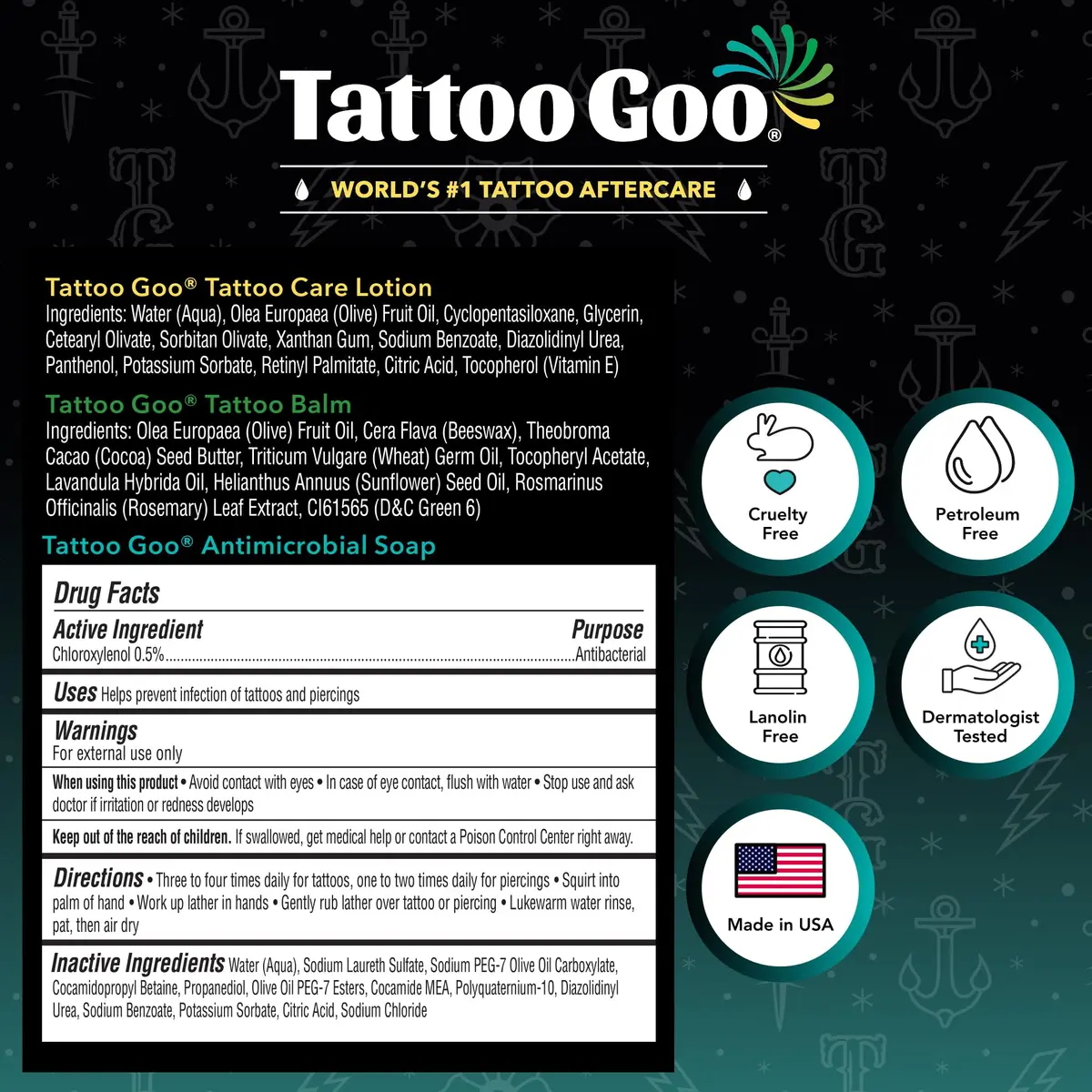 Tattoo Goo Tattoo Aftercare Kit, 3 Piece Set, Includes Antimicrobial Soap, Tattoo Balm & Healing Lotion, Complete Kit for Fresh Ink, Vibrant Colors & Glow - view 8