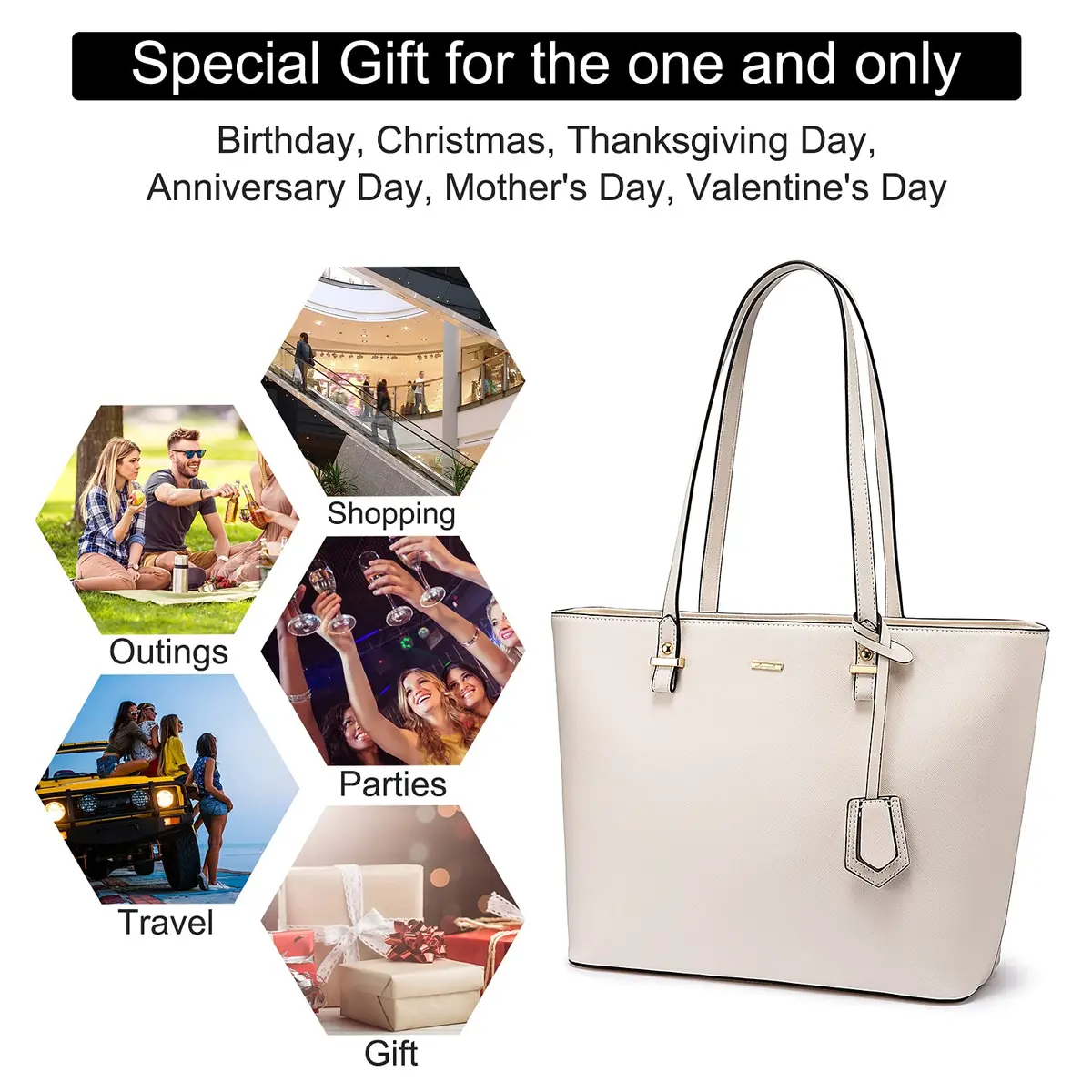 LOVEVOOK Women's Tote Bag Beige | Structured Vegan Leather, Large Capacity, Classic Style - view 7