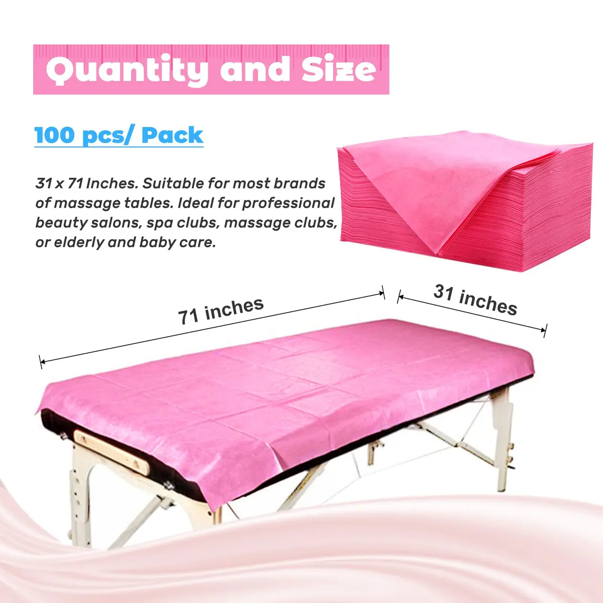 Tvvcalk Disposable Massage Table Sheets 71" x 31" Pink | Breathable Non-Woven Fabric for Spa & Salon - view 2