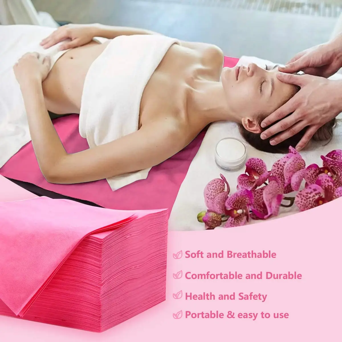Tvvcalk Disposable Massage Table Sheets 71" x 31" Pink | Breathable Non-Woven Fabric for Spa & Salon - view 4