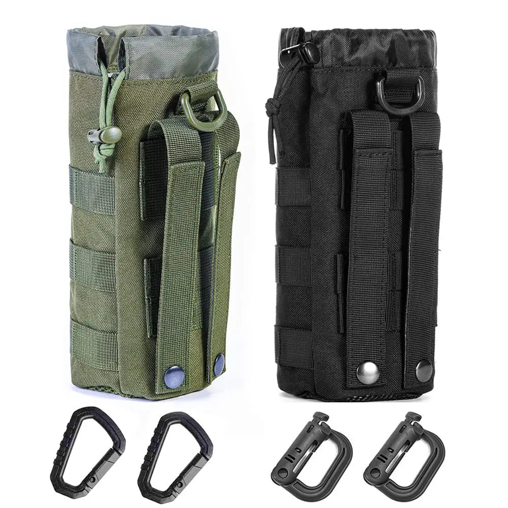 R.SASR Upgraded Tactical Drawstring Molle Water Bottle Holder Pouch (Black+Green, 2-Pack) - main product image