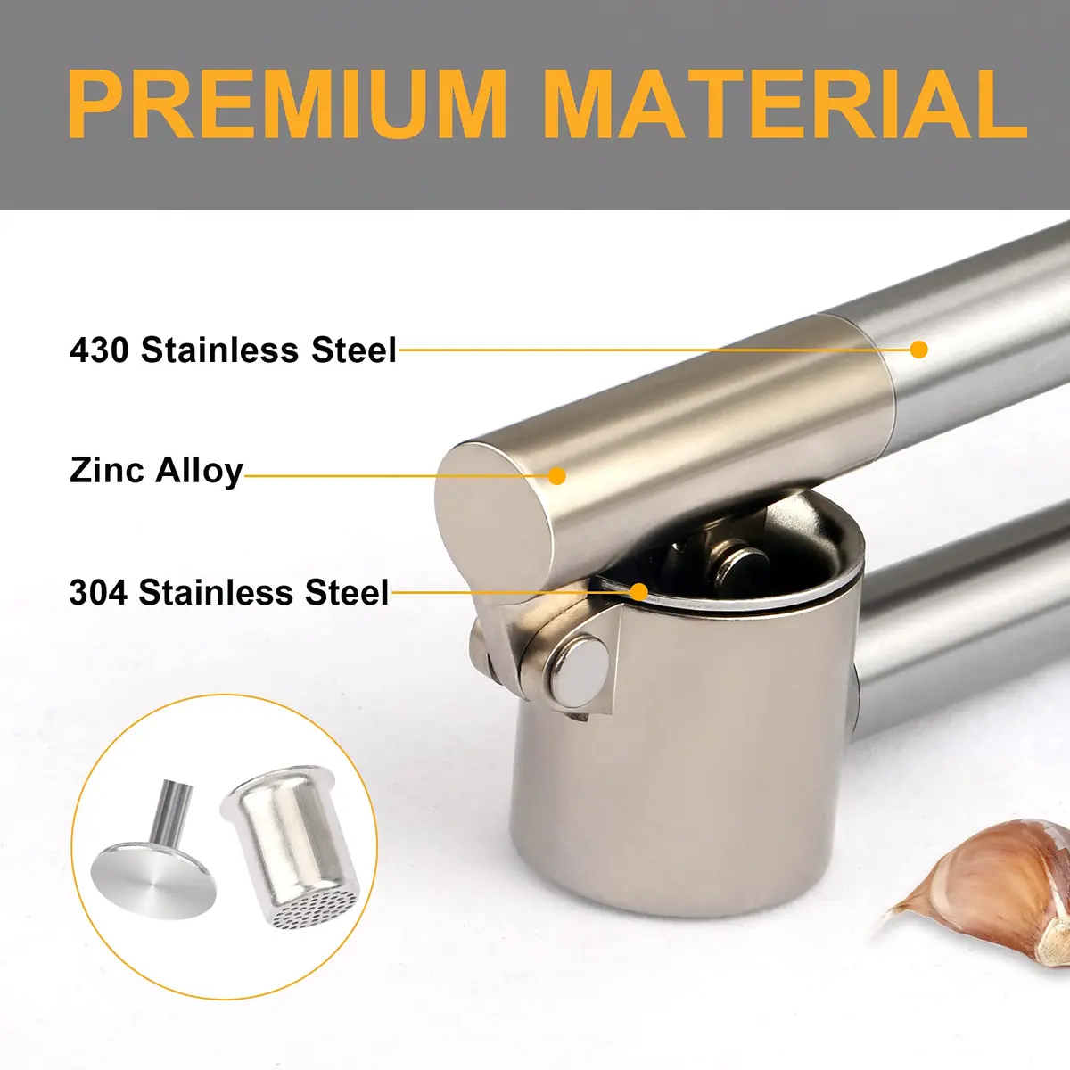 Roeene Garlic Press 304 Stainless Steel Heavy Duty | Easy Squeeze & Clean (6.4 in) - view 2