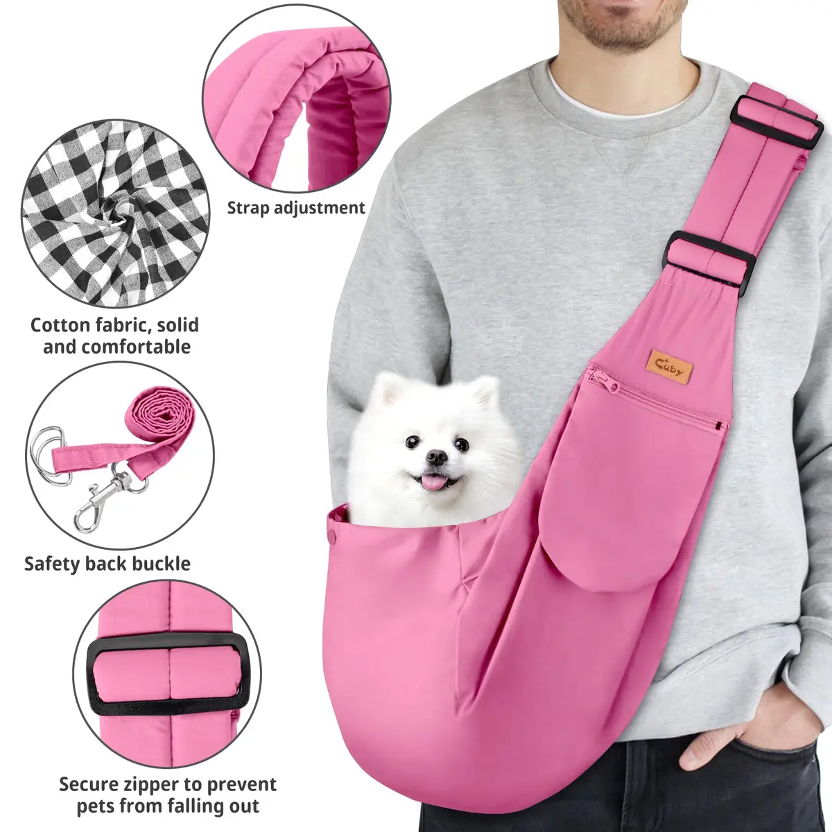 Cuby Dog and Cat Sling Carrier Pink Classic | Hands Free Reversible Pet Papoose Bag (13"L x 8"W x 2.9"H, Small) - view 3