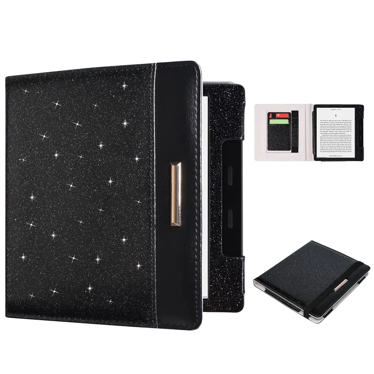 DMLuna Kindle Oasis Case, Fits 10th Gen 2019 & 9th Gen 2017, 7″, PU Leather Cover with Auto Sleep Wake, Card Slot, Hand Strap, Glitter Black | Premium Protection - main product image