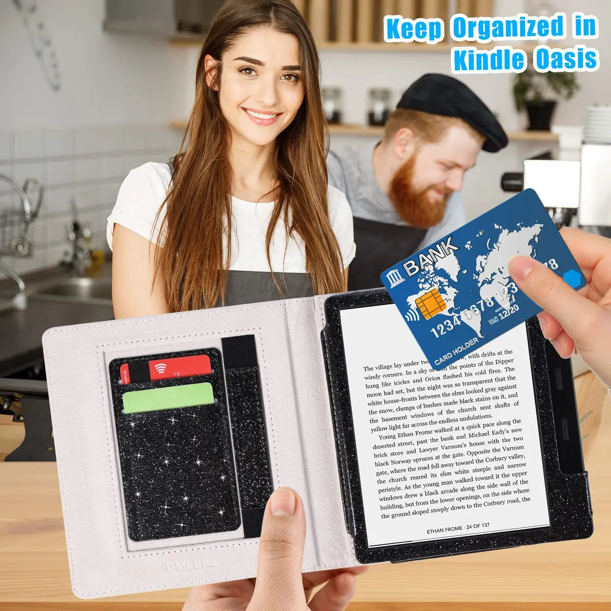 DMLuna Kindle Oasis Case, Fits 10th Gen 2019 & 9th Gen 2017, 7″, PU Leather Cover with Auto Sleep Wake, Card Slot, Hand Strap, Glitter Black | Premium Protection - view 2