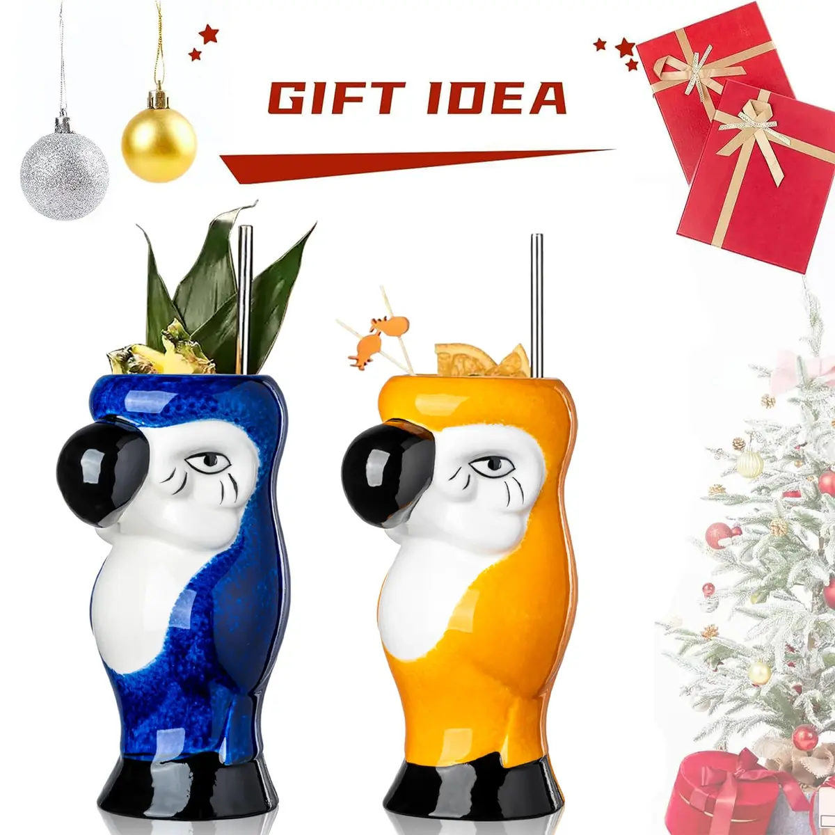 SUN GKOTTA Parrot Tiki Mugs Set of 2 - 25oz (740ml) Ceramic Cocktail Glasses | Fun Tropical Barware - view 9
