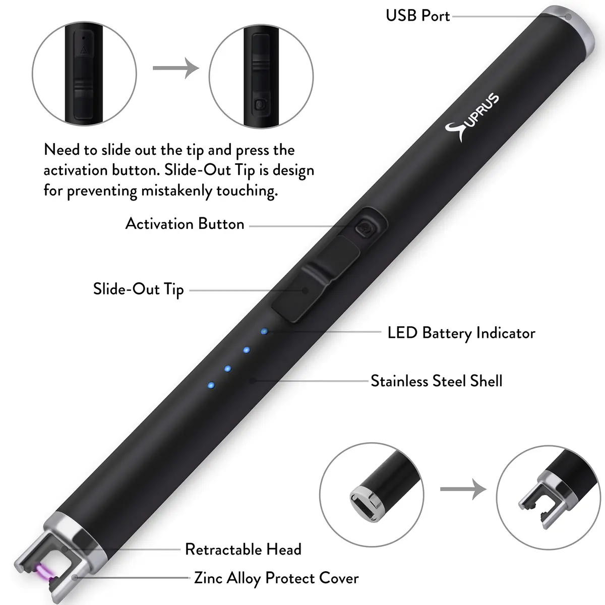 SUPRUS Electric USB Lighter Safety Switch Rechargeable Flameless Plasma Windproof Pocket Size (Black&Black&Black) | Windproof & Safe - view 3
