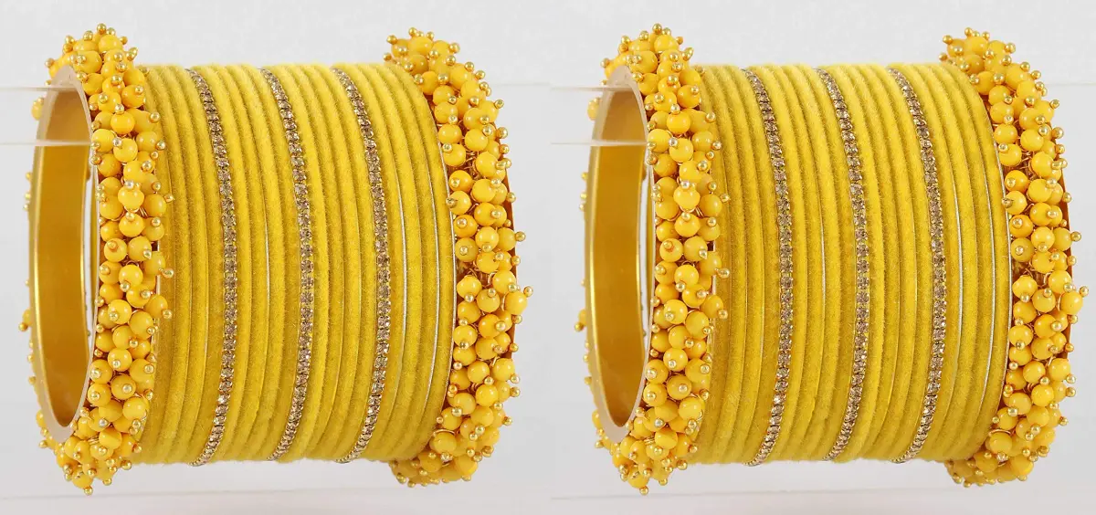 NMII Yellow Base Metal Zircon Gemstone & Velvet Bangle Set for Women & Girls, 2.4 Inches (Pack of 42) - view 4