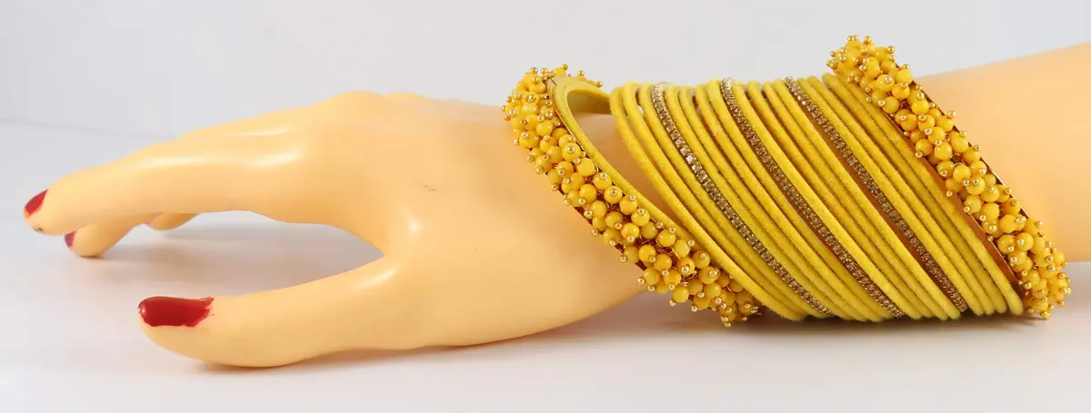 NMII Yellow Base Metal Zircon Gemstone & Velvet Bangle Set for Women & Girls, 2.4 Inches (Pack of 42) - view 5