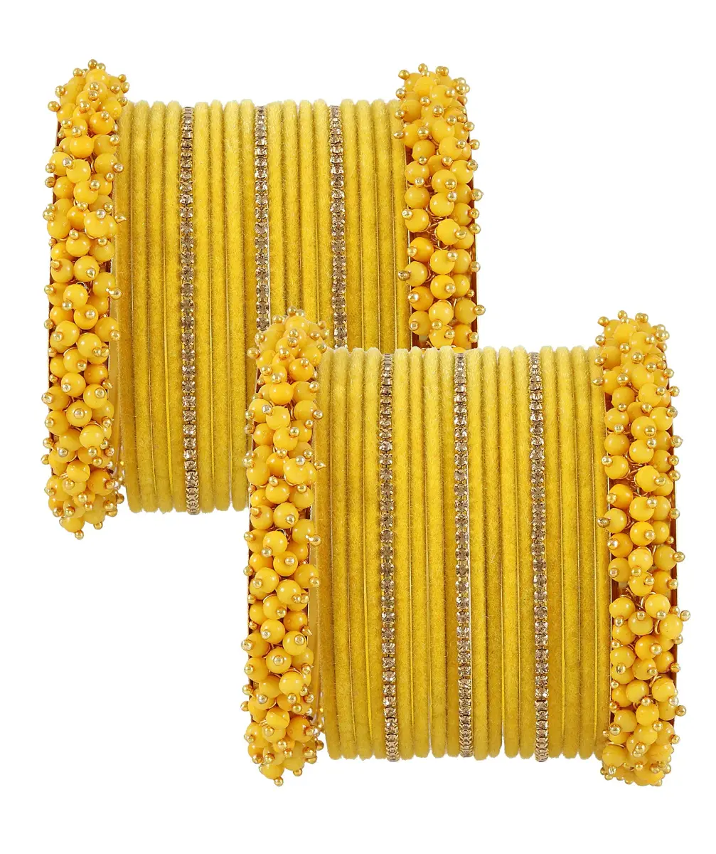 NMII Yellow Base Metal Zircon Gemstone & Velvet Bangle Set for Women & Girls, 2.4 Inches (Pack of 42) - view 2