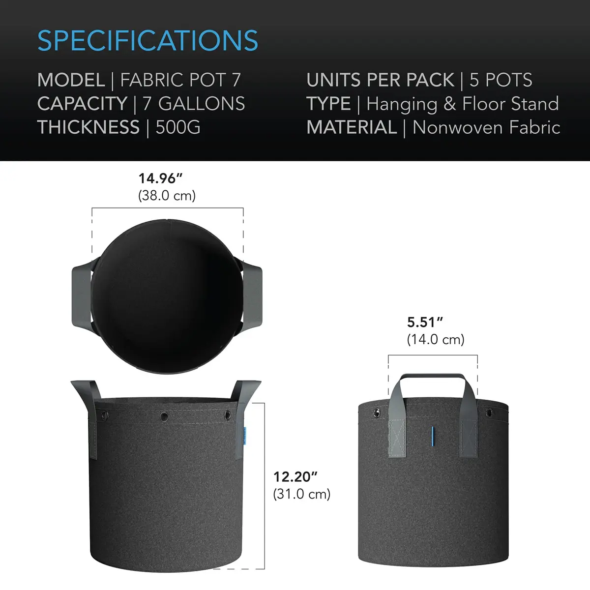 AC Infinity Heavy-Duty 7 Gallon Fabric Pots, 5-Pack | Air-Pruning Grow Bags for Healthy Roots - view 6