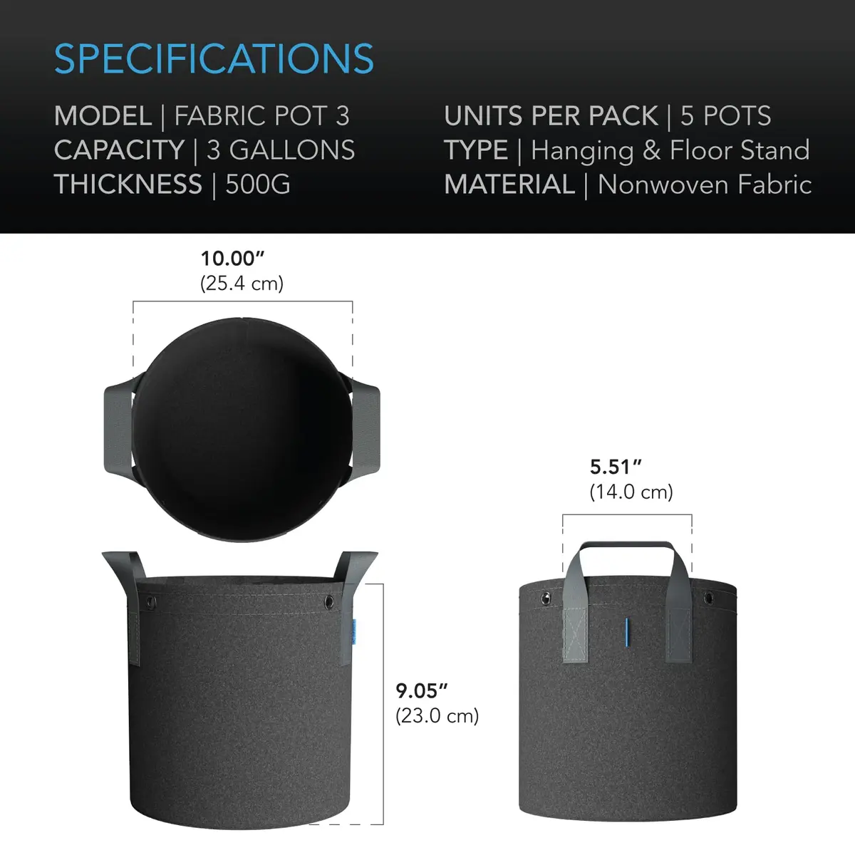 AC Infinity 3 Gallon Fabric Pots | Heavy-Duty Grow Bags for Plants in India - view 6