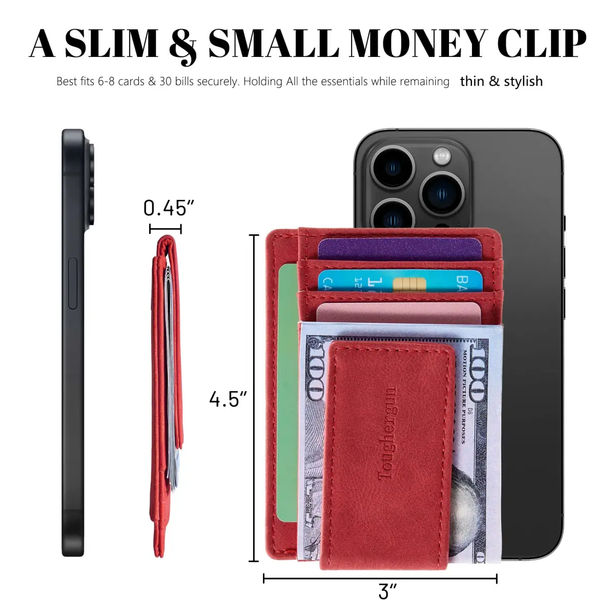 Toughergun Slim Wallet for Men RFID Blocking Money Clip, Minimalist Front Pocket Credit Card Holder, Magnetic Thin Mens Wallets with ID Window (Red) | Holds 7 Cards & 30 Bills - view 7