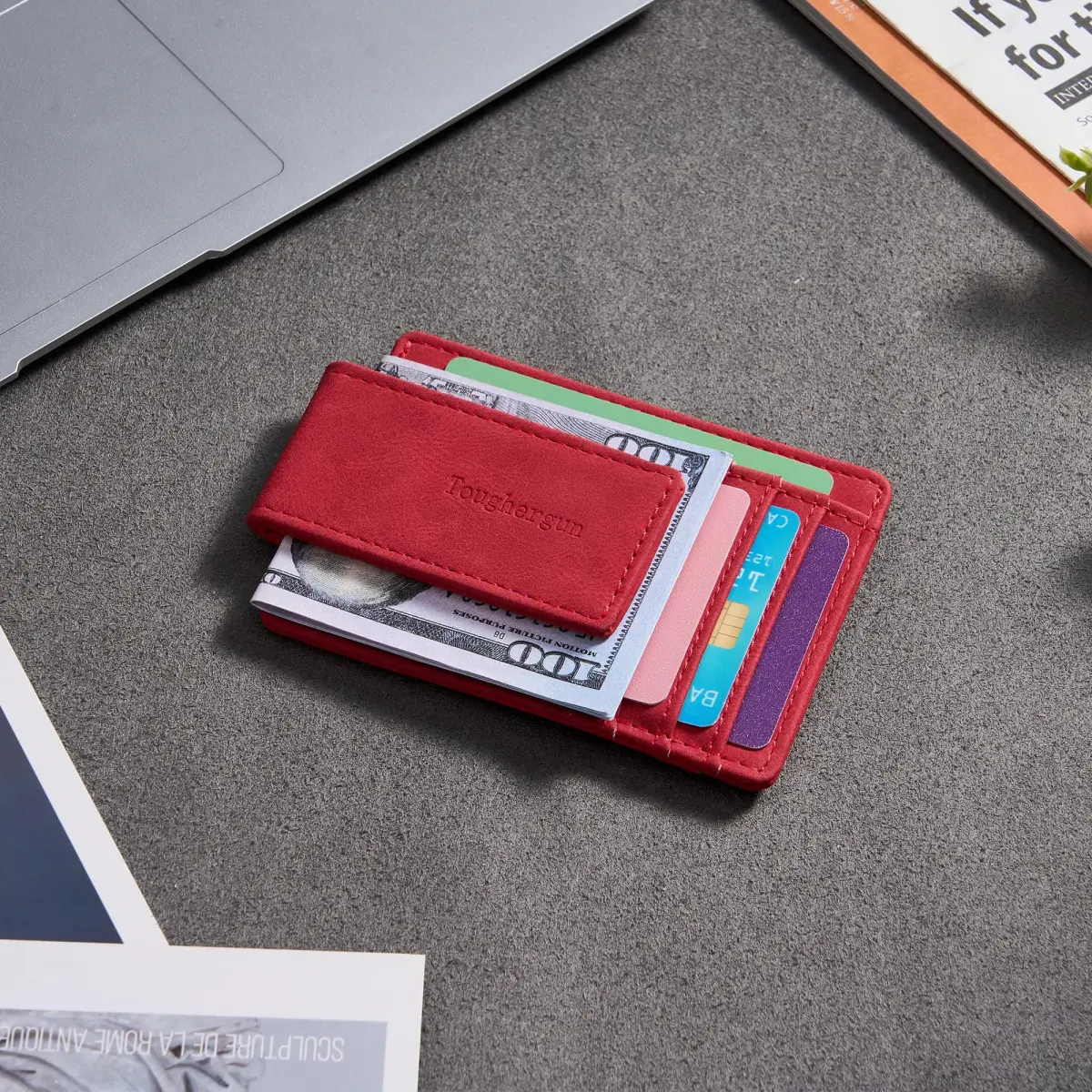 Toughergun Slim Wallet for Men RFID Blocking Money Clip, Minimalist Front Pocket Credit Card Holder, Magnetic Thin Mens Wallets with ID Window (Red) | Holds 7 Cards & 30 Bills - view 3
