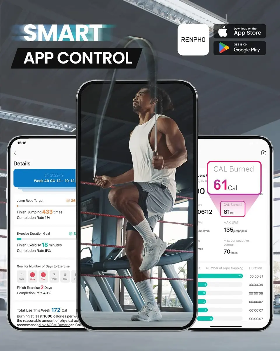 RENPHO Smart Jump Rope with Counter | App Data Tracking, LCD Display, Adjustable Length - view 2