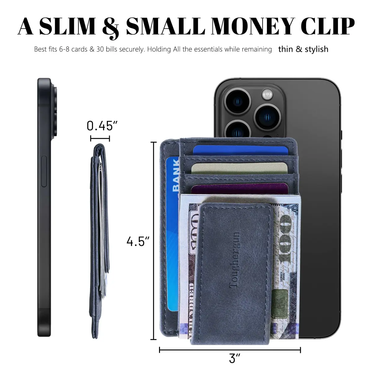 Toughergun Slim Wallet RFID Blocking Money Clip Navy Blue | Minimalist Front Pocket Credit Card Holder - view 7