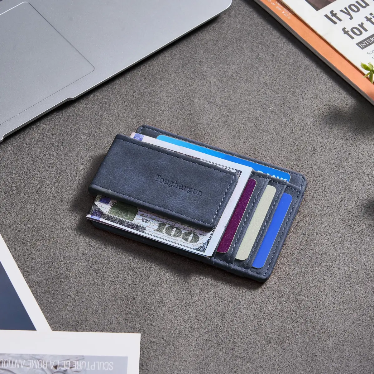 Toughergun Slim Wallet RFID Blocking Money Clip Navy Blue | Minimalist Front Pocket Credit Card Holder - view 3