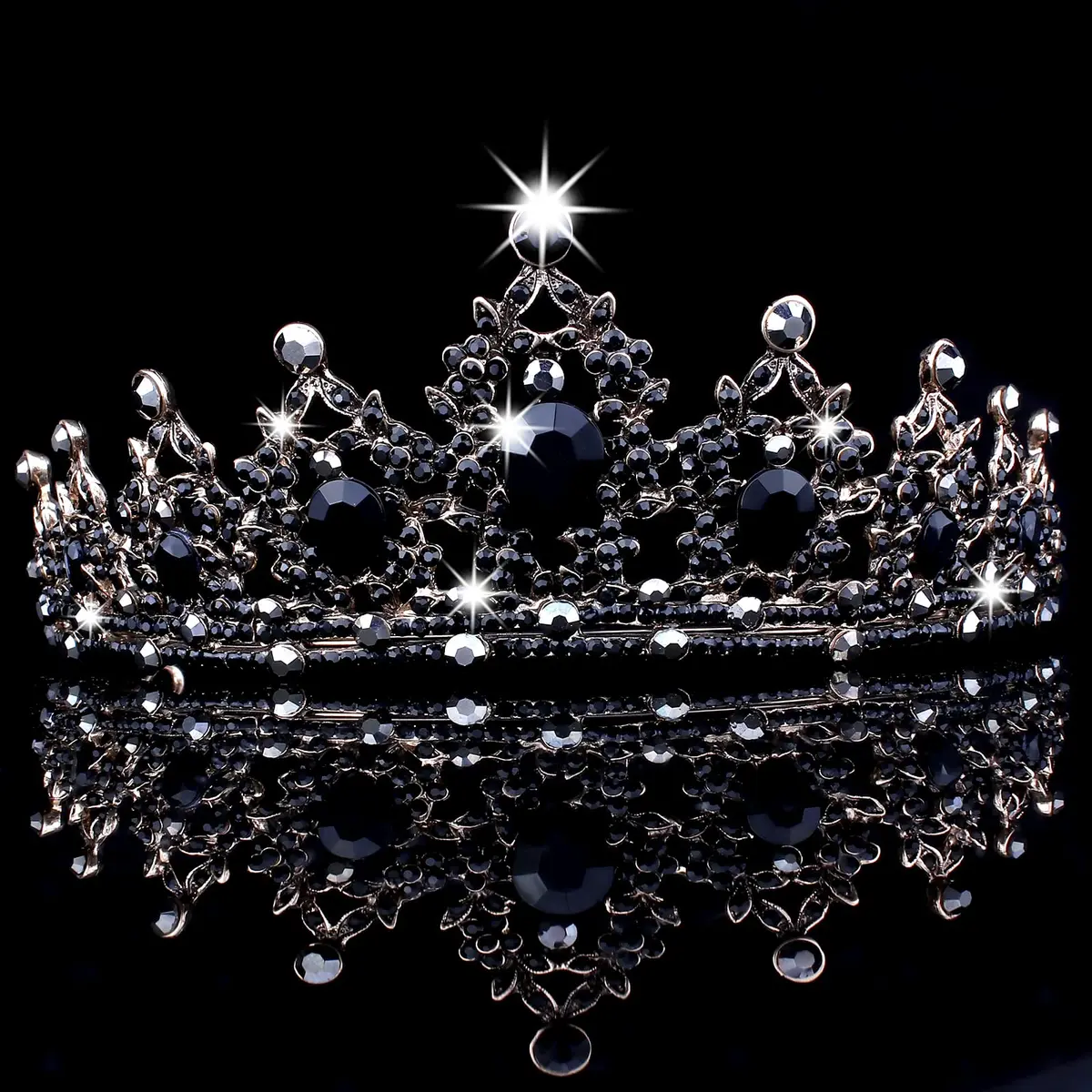 CAVETEE Gothic Crown Headpiece - Black Baroque Tiara with Vintage Rhinestones - Halloween & Bridal Occasions - view 7