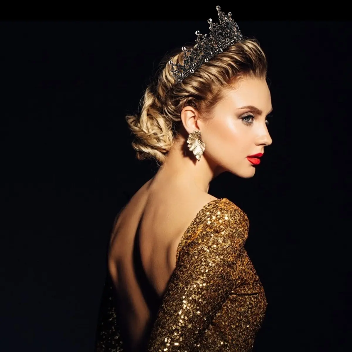 CAVETEE Gothic Crown Headpiece - Black Baroque Tiara with Vintage Rhinestones - Halloween & Bridal Occasions - view 2